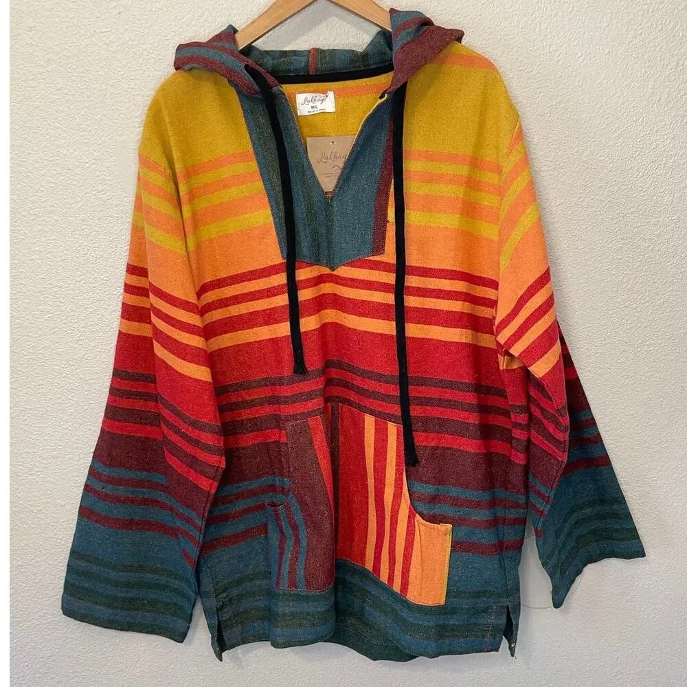NWT Lakhays Boho Multicolor Strip Beach Striped Hoodie Med/Lg Unisex Orange Blue